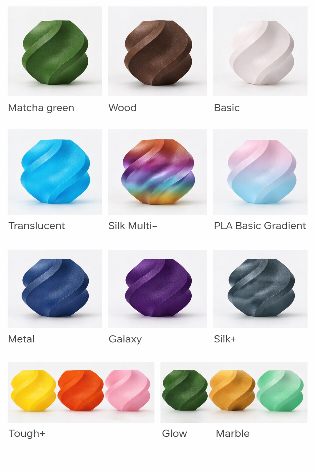 Beschikbare filament kleuren en materialen